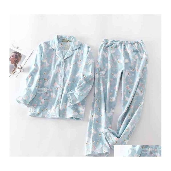 Roupas em casa Pijamas de algod￣o puro Conjunto de pijama de pijama coelho impress￣o feminina de inverno sonowar quente casta casa sexy camisa longa 2 pe￧as dhjpz