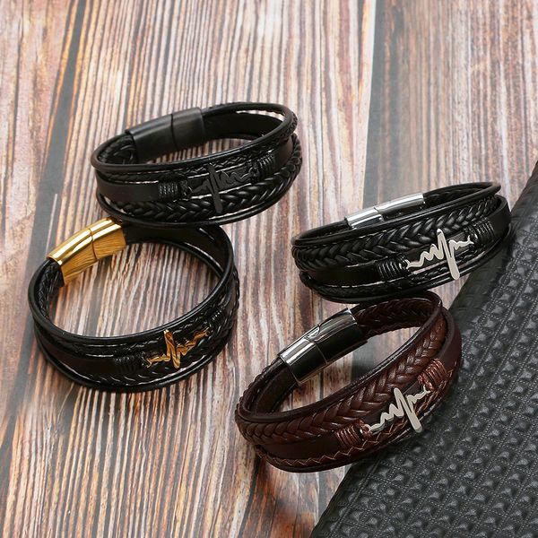 Bracelets European e American Fashion Men's Stainless Aço Acessórios ECG Acessórios para Multi-camada de couro de couro multicamada