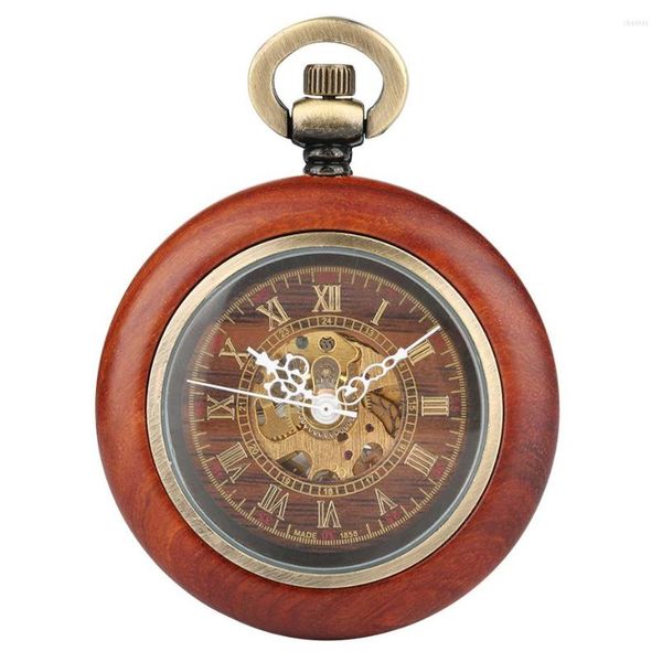 Orologi da tasca Cassa in legno rosso vintage Catena per orologio meccanico Automatico a carica automatica Fob Orologio unisex a faccia aperta Regali per uomo Donna