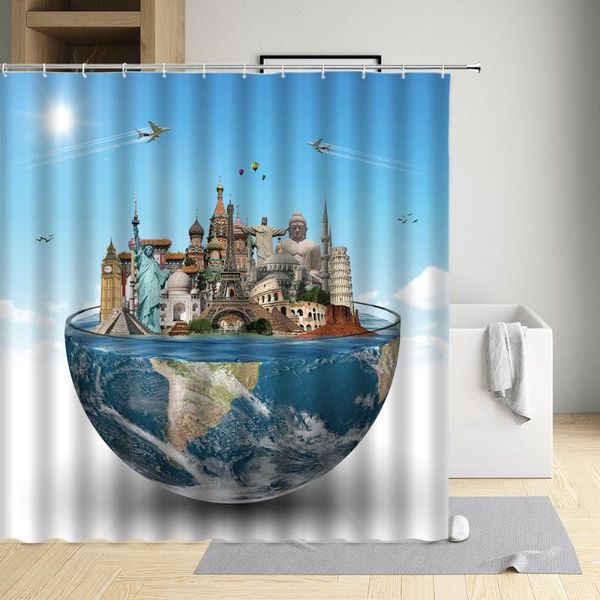 Cortinas de chuveiro Cortina criativa Aeronave Earth Trunkfish air balão de interesse Decoração de banheiro Tenina de banho de pano à prova d'água