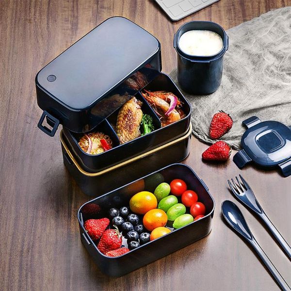 Geschirr-Sets, Lunchbox, Frischhaltebehälter, Bento, doppelschichtig, Mikrowellenherd-Boxen, Outdoor, Reisen, Picknick, Schule, Arbeit, Blau