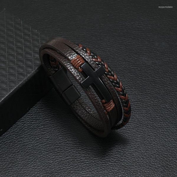 Bangle 2023 Cross Leather Bracelet для мужчин из нержавеющей стали многослойной плетеная веревка мужчина