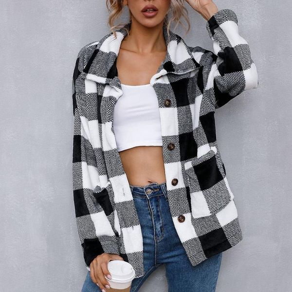 Damenjacken Herbst Herbst Ankunft Langarm Schwarz Weiß Plaid Flanellhemden Jacke mit Taschen Frauen RTYU1