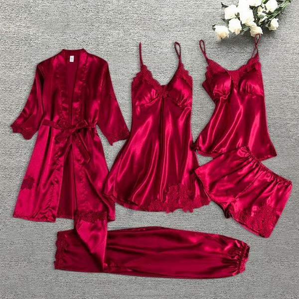 Damen-Nachtwäsche Leepwear Female 542PCS Pyjamas Set Satin Pyjamamas Spitze Patchwork Bril Hochzeit Nachtwäsche Rayon Home Wear Nighty Robe Anzug 230209