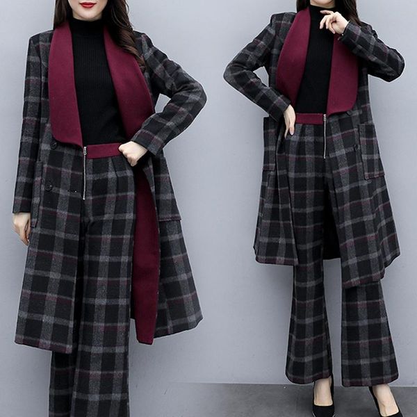 Abiti da donna Blazer 2 pezzi Set di cappotti in cashmere di lusso Plaid di lana Abito medio lungo Pantaloni a gamba larga a quadretti D034