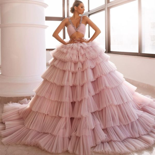 2023 Arabisch ASO EBI Ballkleid Prom Kleider Perlen Kristalle Tiers Abend formelle Party Zweiter Empfangsgeburtstag Verlobungskleider Kleid ZJ433