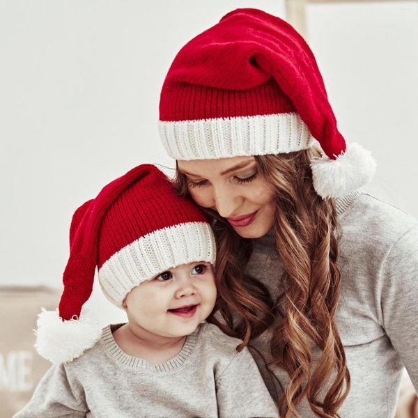 Berets Herbst Winter Pelzigen Ball Mutter Baby Gestrickte Hut Weichen Woll Rot Weihnachten Warme Handschuhe Kappen Set Zubehör Kinder geschenk