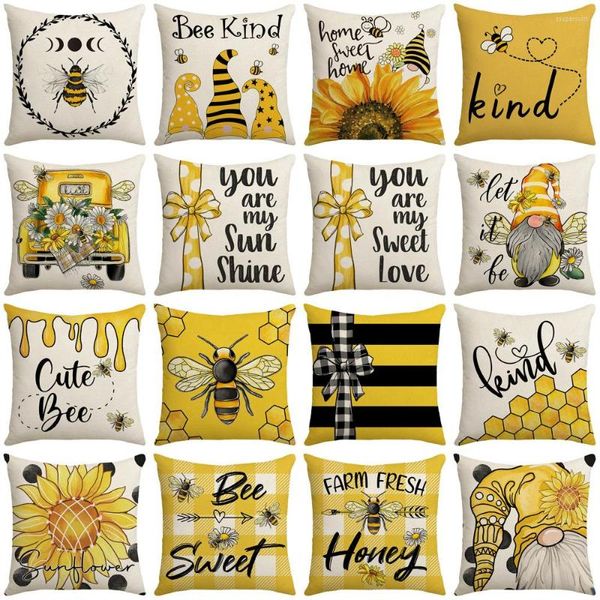Pillow Bee Day Cartoon Spring e Summer Sofá Sala de estar Decoração de girassol Tampa impressa