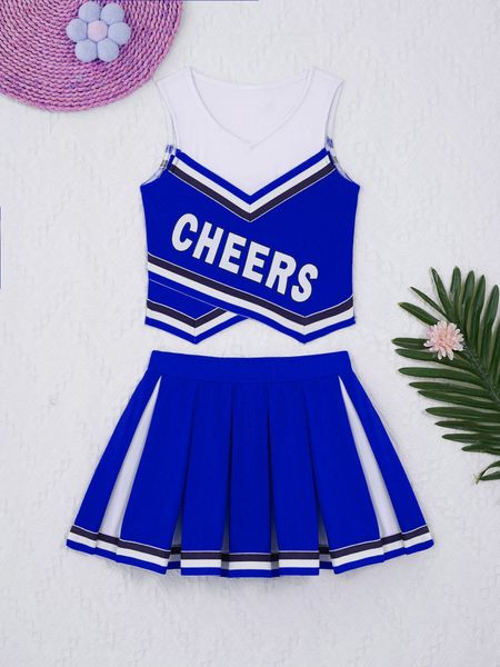 Cheerleading Kinder Mädchen Cheerleading Uniform Cheerleader Kostüm V-Ausschnitt ärmellose Buchstaben Cheers Print Weste und Faltenrock Set Outfit 230210