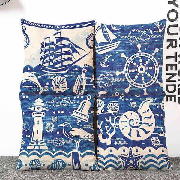 Cuscino Summer Blue Mediterranean Ocean Style Linen Cover Conch Sailing Home Core Decor Custodie / Decorativo