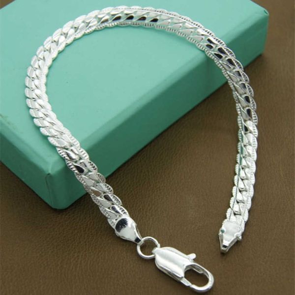 Cadeia de link Pure 925 Pulseira de prata esterlina Moda unissex de 5 mm de lagosta de cobra de cobra plana para homens Pulseira G230208