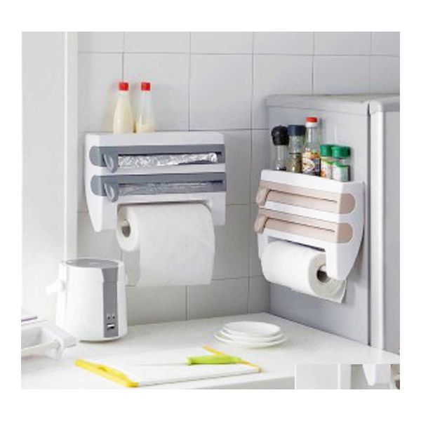 Lagerhalter Racks Wallmount Papierhandtuchhalter Sauce Flaschenregal 4 in 1 Kunststofffolienschneider Mutifunction Kitchen Organizer 210 DHM7Y