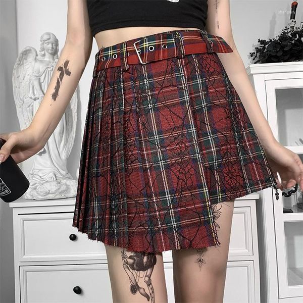 Röcke Frauen Hohe Taille Spinnennetz Midi Unregelmäßige Gothic Dark Red Plaid Dame Sexy Mini Rock Sommer Goth Harajuku Tuch Mode gürtel