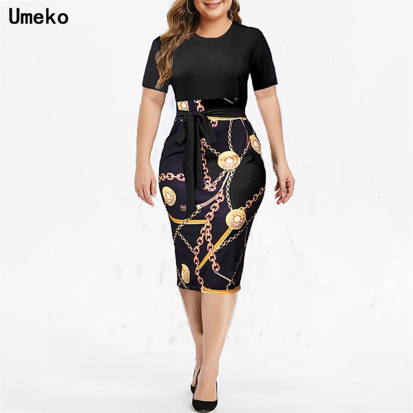 Vestidos casuais verão formal plus size s-5xl cadeia impressão bodycon vestido mulheres roupas de manga curta o pescoço arco de arco midi vestidos midi ladies 230210