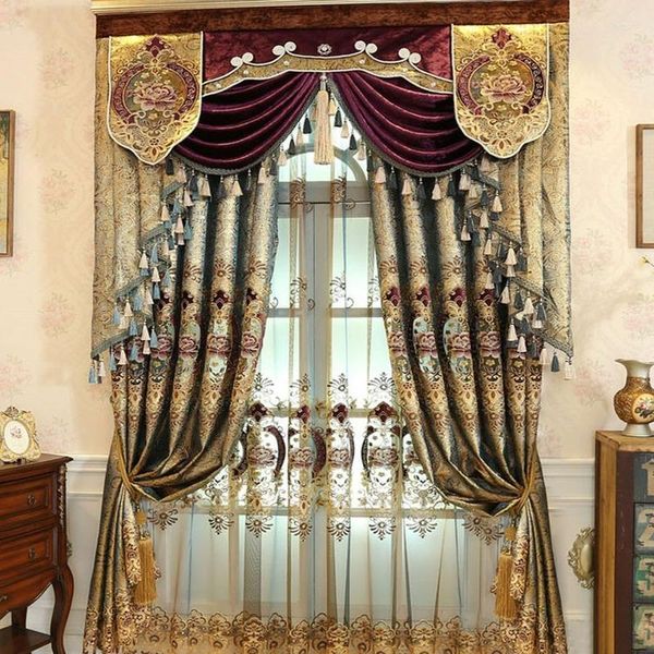 Cortina cortina de cortinas modernas de estilo europeu para sala de estar para jantar de couro dourado a água solúvel em bordados acabados de luxo janela-zch