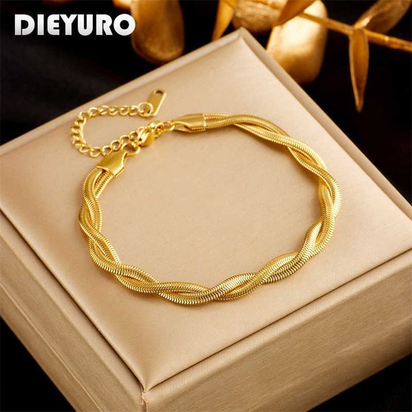 Cadeia de link Dieyuro 316l Aço inoxidável cor dourada de ouro dupla corrente de cobrança Twist Twist Bracelet for Women Fashion Girls Wrist Jewelry Gifts G230208