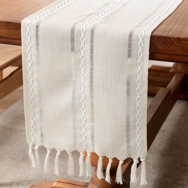 Table Runner Linen Table Runner Farmhouse Rustic Table Runners com borlas para jantar Coffee Party Crescer Decoração LVory Green 230209