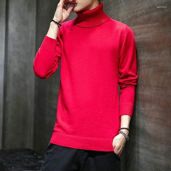 Maglioni da uomo dolcevita maglione colorato uomo collo alto lavorato a maglia oversize rosso volant pullover maschile caldo spesso vintage ragazzo casual Top