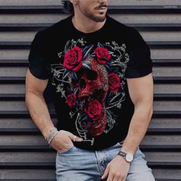 Camisetas masculinas de camiseta digital 3D Rose Skeleton Skeleton Men de manga curta Moda européia e americana de verão europeu e americano