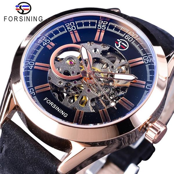 Forsining Rose Goldene Fall Echtes Leder Gürtel Männer Mode Tragen Herren Mechanische Automatische Skeleton Uhren Top Marke Luxury2197