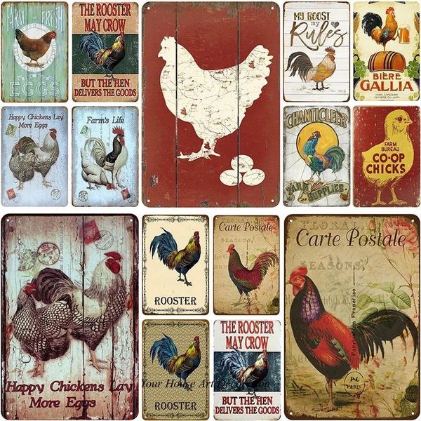 Coop Chicks Metallo Dipinto Fattoria Uova Pollo Targa Metallo Vintage Targa in metallo Pin Up Shabby Targa Ferro Pittura Decorazione murale Tavola Retro Pub 20x30cm Woo