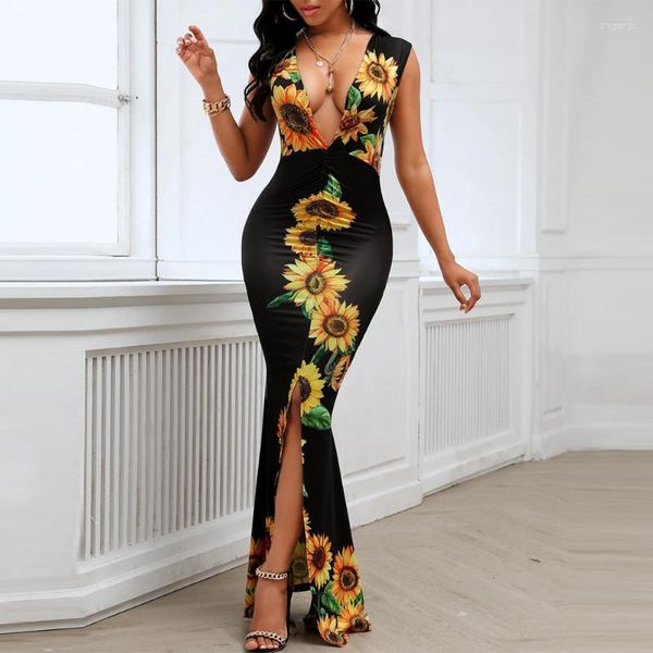 Повседневные платья сексуальные глубокие v nece slit long dress for women fashion plunge sunflower print рука