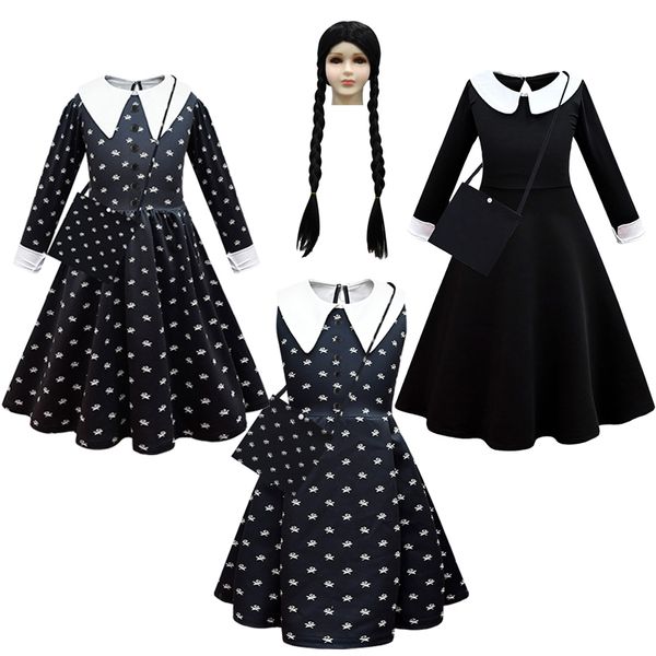 Abiti per ragazze Moda Film per bambini Mercoledì Addams Cosplay Vestito da principessa e borsa per parrucche Set Ragazza Costume di Halloween Carnevale Abiti neri gotici 230210