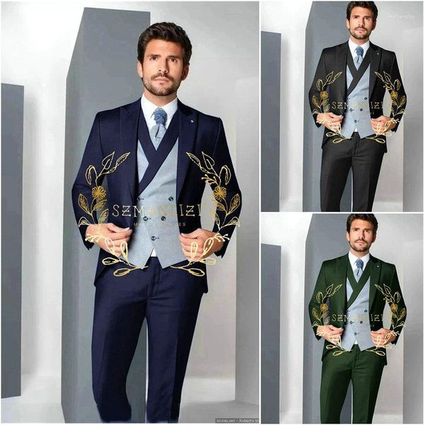 Erkekler 2023 Kostüm Homme lacivert Mens 3 adet düğün smokin için damat set blazer yelek pantolon pantolon sağdı sağdı