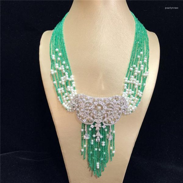 Cadeias 18 '' 9 fios face faceted Green Agate água doce Colar White Pérol Colar Pingente Cz