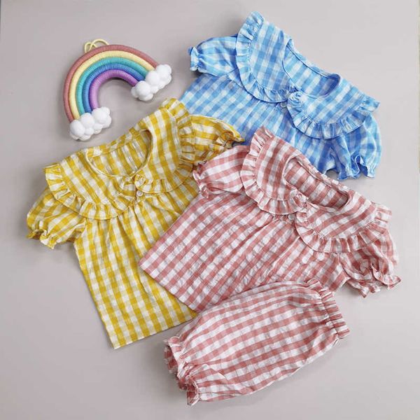 Kleidungssets Mädchen Plaid Kleidung Sets 2 Stück Casual Style Kinder Homewear Anzüge Kurzarm Top und Hosen Pyjamas für Kinder W230210