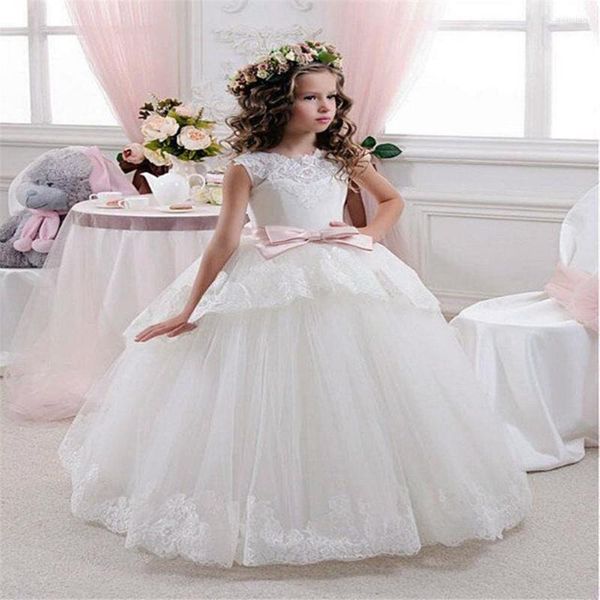 Abiti da ragazza Abito a fiori bianco avorio Spettacolo per bambini Compleanno Tulle Festa formale Abito lungo in pizzo Bowknot Prima Comunione Ballo di fine anno