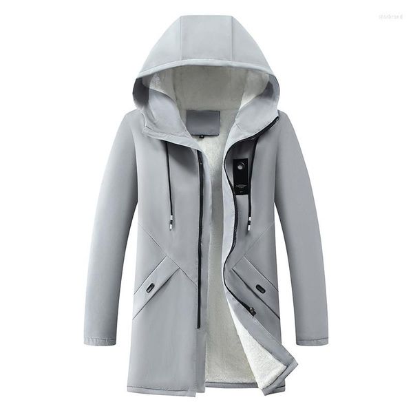 Jackets masculinos de inverno comprido Windbreaker com capuz de lã cinza casaco
