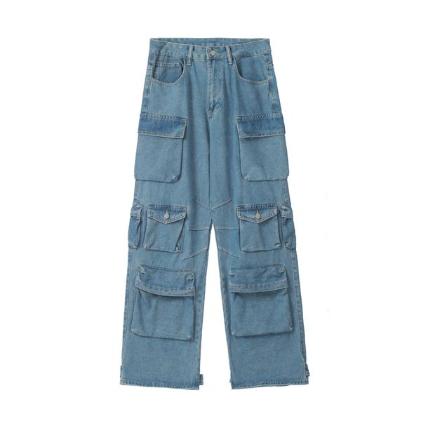 Хип -хоп штаны Джинсы Мужской больше карманной прямой ноги голубые мужские джинсовые байкер