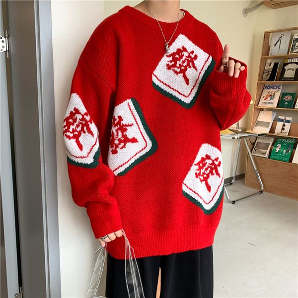 Männer Pullover Hong Kong Weihnachten Rot Männer Oversize O Pullover Paare Gestrickte Mahjong Pullover Sueteres Hombre Cartoon 230209