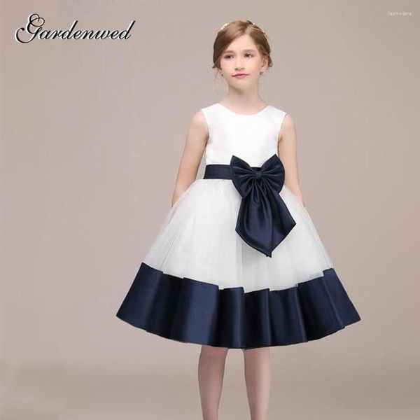 Vestidos de menina vestido de flor azul branco azul branco vintage 2023 Front Bow Sash Bottom TRIM PRINCESS CASAMENTO VONDO