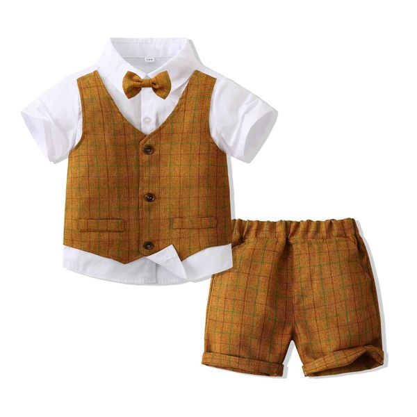 Ensembles de vêtements Formel 1 2 3 4 5 ans enfants vêtements d'été ensemble de coton doux faux 2 pièces haut avec short à carreaux garçon haute qualité tenue enfants costume W230210