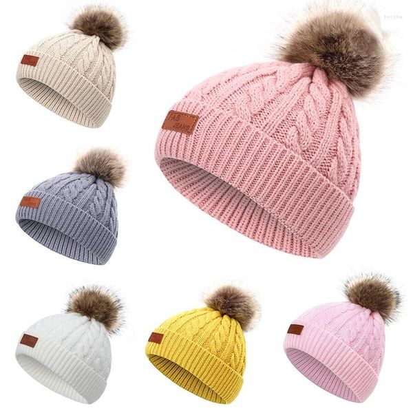 Boinas 2023 Brand Baby Bonnet Kids Girls meninos Inverno de inverno Hat de chapéu de malha furnta Bolas de gorro sólido de gorro sólido