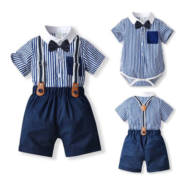 Set di abbigliamento 2023 Abbigliamento per bambini Ragazzi per abiti da compleanno per bambini Costume per bambini Set di abbigliamento per gentiluomini Pagliaccetto a righe Tuta intera blu scuro W230210