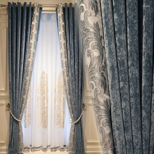 Tenda di lusso tende oscuranti in ciniglia per soggiorno camera da letto finestra semplice americano moderno europeo nobile splicing jacquard blu