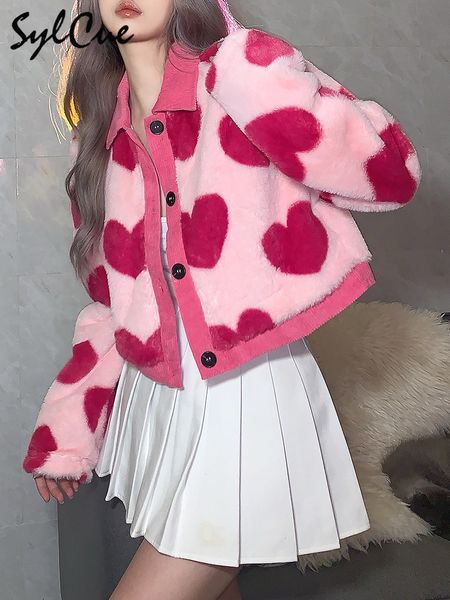 Giacche da donna Sylcue Pink Girl Youth Cute All-Fiammifero Amore Contrasto Lana Sciolto Confortevole ed elastico Cappotto corto da donna Bottone 230209