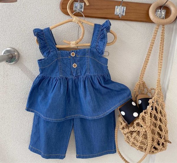 Kleidung Sets Mode Mädchen Sets Kinder Tragen Feste Denim Anzug Neue 2023 Sommer Mädchen Cowboy Jeans Weste Hosen Anzug Baby mädchen Kleidung 37y W230210