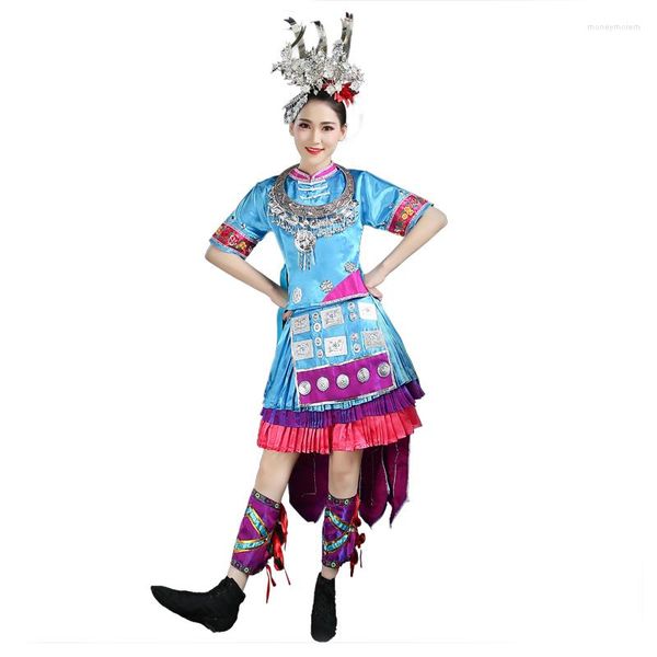 Bühnenkleidung Hmong Miao Kleidung Chinesische traditionelle blaue Tanzkostüme für Frauen Festival Performance-Kleidung