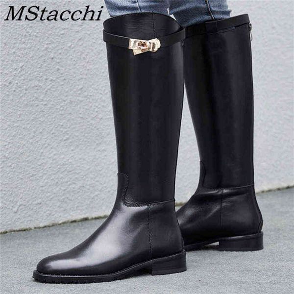 Stiefel Frauen Motorrad Stiefel Shark Schnalle Hohe Knie Zipper Runde Kappe Echtes Leder stiefel weibliche Designer Schuhe 220729