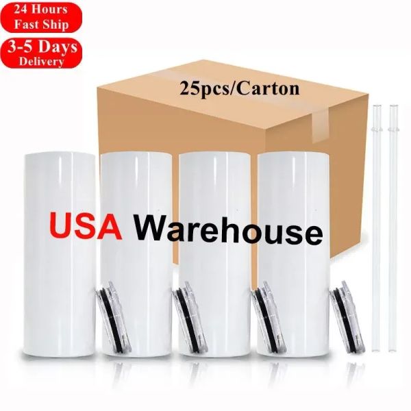 USA Warehouse 25 Stück/Karton GERADE 20 Unzen Sublimationsbecher Rohlinge weiße schlanke Bierbecher DIY Kaffeebecher mit Deckel und Strohhalm Neu