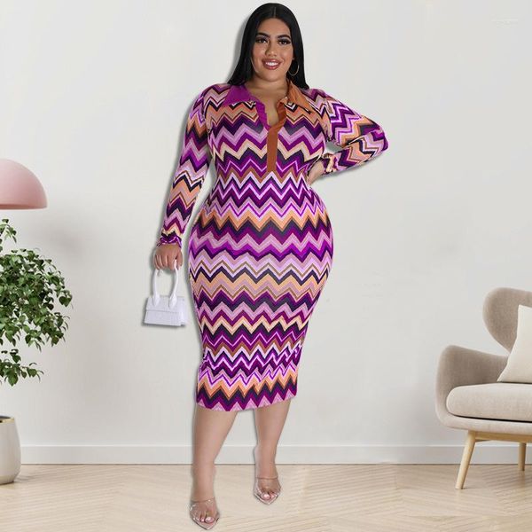 Plus Size Kleider KEXU Wave Stripe Elegantes Kleid Frühling Langarm Hüfttasche OL Tight Stretch Mid-Calf Damenbekleidung