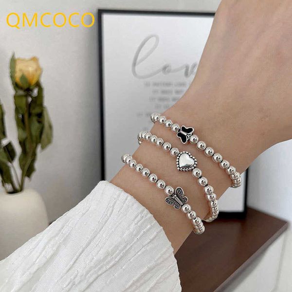 Gliederkette QMCOCO Silber Farbe Einfache Schmetterling String Perlen Armband Zubehör Trendy Süße Liebe Herz-Form Mädchen Party Schmuck G230208