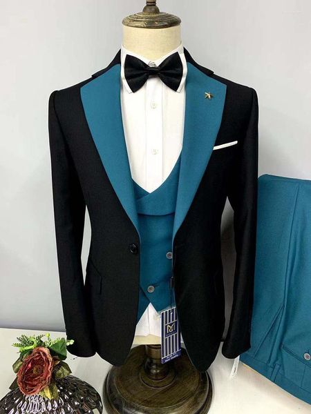 Ternos masculinos 2023 Men's 3 Pices Suit Blue Business Notch Notch Lapel Silm Fit Wool Tuxedo Groomsmen para casamento (calças de colete Blazer)