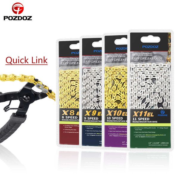 POZDOZ 8 9 10 11 12 Speed ​​Bicycle Chain Gold Silver Half/Full Hollow UltraLight 116L 10S 11S 12S MTB Road Bike Catene Parti 0210