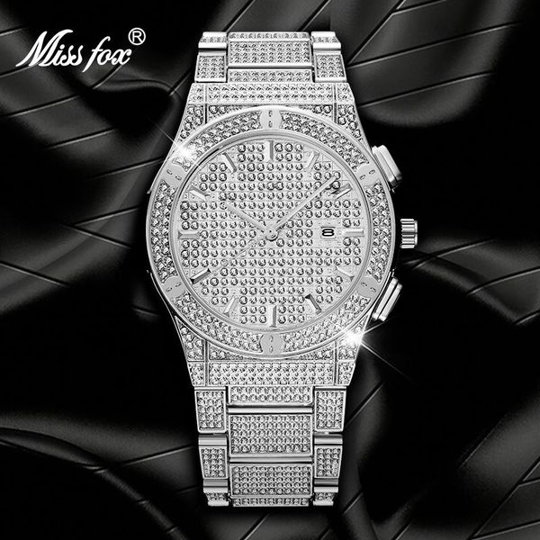 Principal Missfox Big Watch For Men 2023 Marcas de luxo Bling Silver Color Men's Watches Calendário Calendário Perra provável