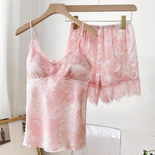 Pijama de tirantes finos para mujer, pijama Sexy con estampado de rosas y encaje de flores, traje de lencería íntima de verano para mujer, ropa de casa de satén de seda